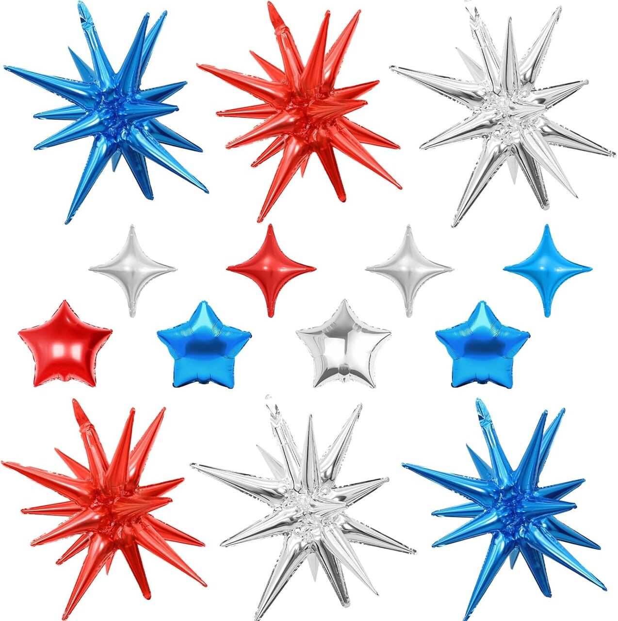 14pcs Blue Red Silver Star Balloons, Mixed Star Foil Balloon, 22Inch Explosion Stars Balloons with 10Inch Stars Shaped Balloon, for Birthday Graduation 4th of July Independence Day Party Decorations